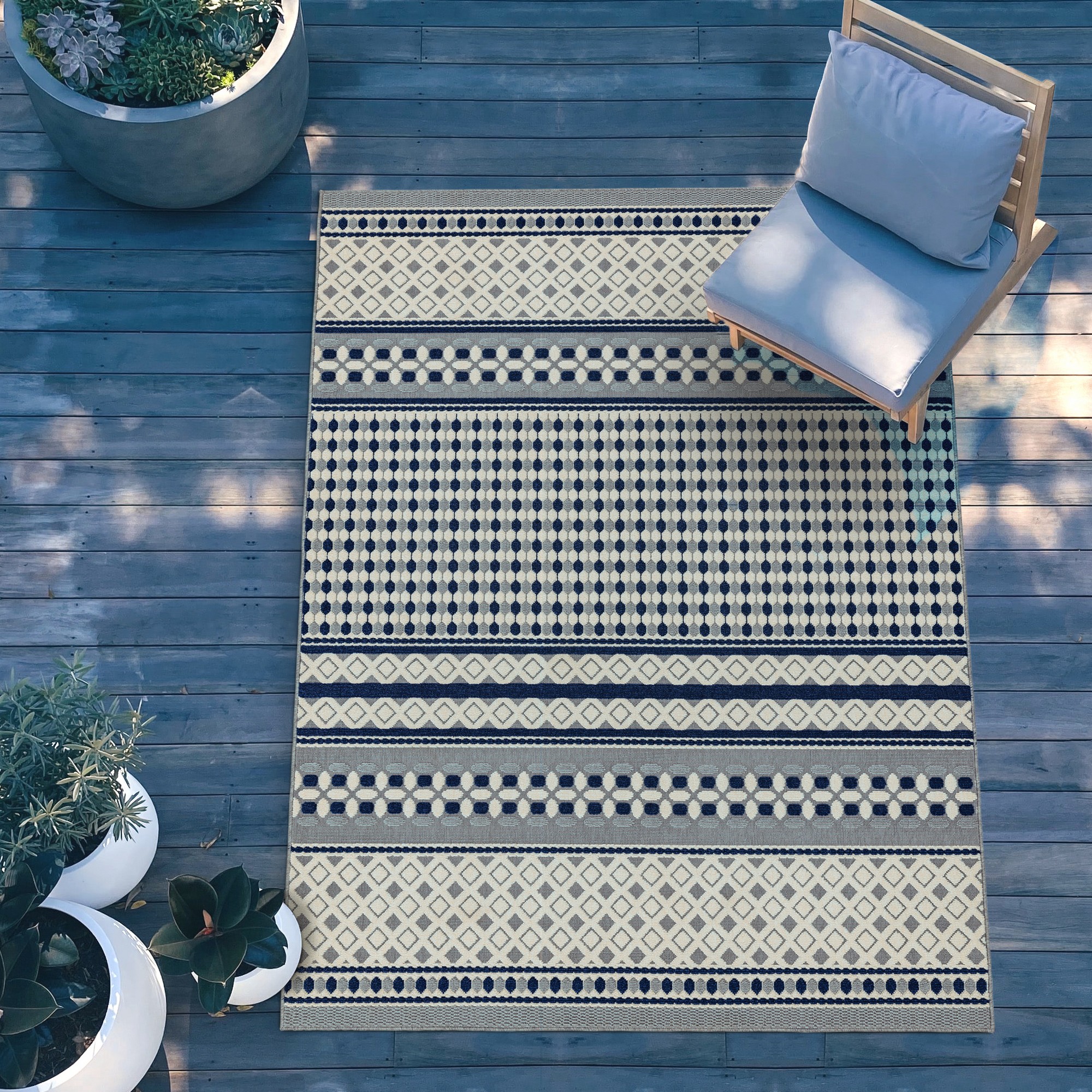 Antibes Geometric Outdoor Rugs In An06 Blue Cream